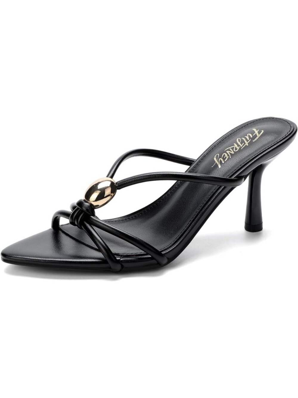Women's Black Pointed Peep Toe Kitten Mule Heel Metal Button Slip On Sandals